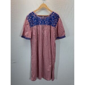 Mexican Gingham Patio Flowers Floral Embroidery Kaftan Dress 3XL Spring Pockets